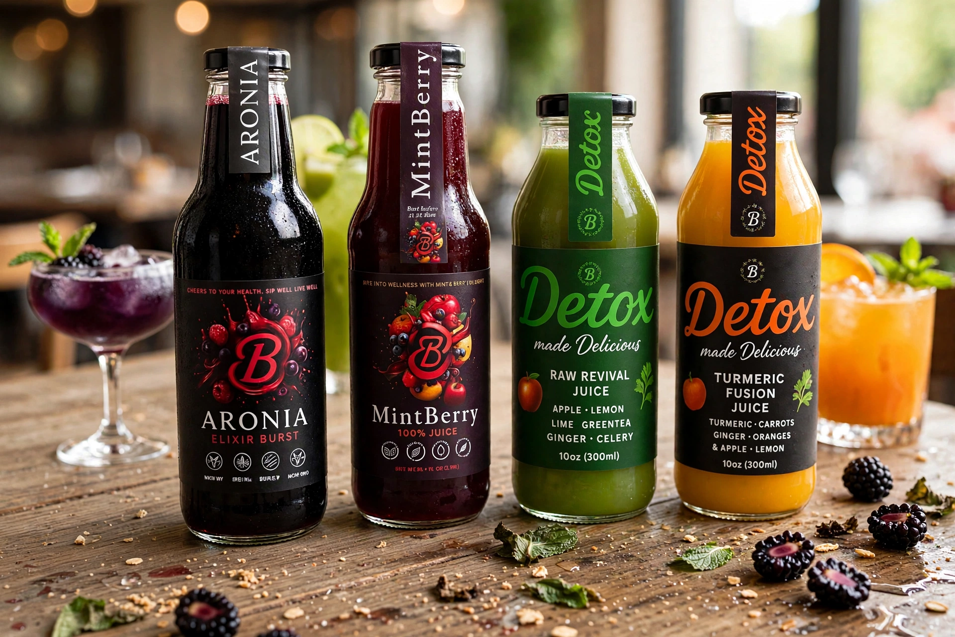 Four ElixirBurst glass bottles—Aronia, MintBerry, Raw Revival and Turmeric Fusion—lined up on a rustic table with cocktails, berries and fresh mint