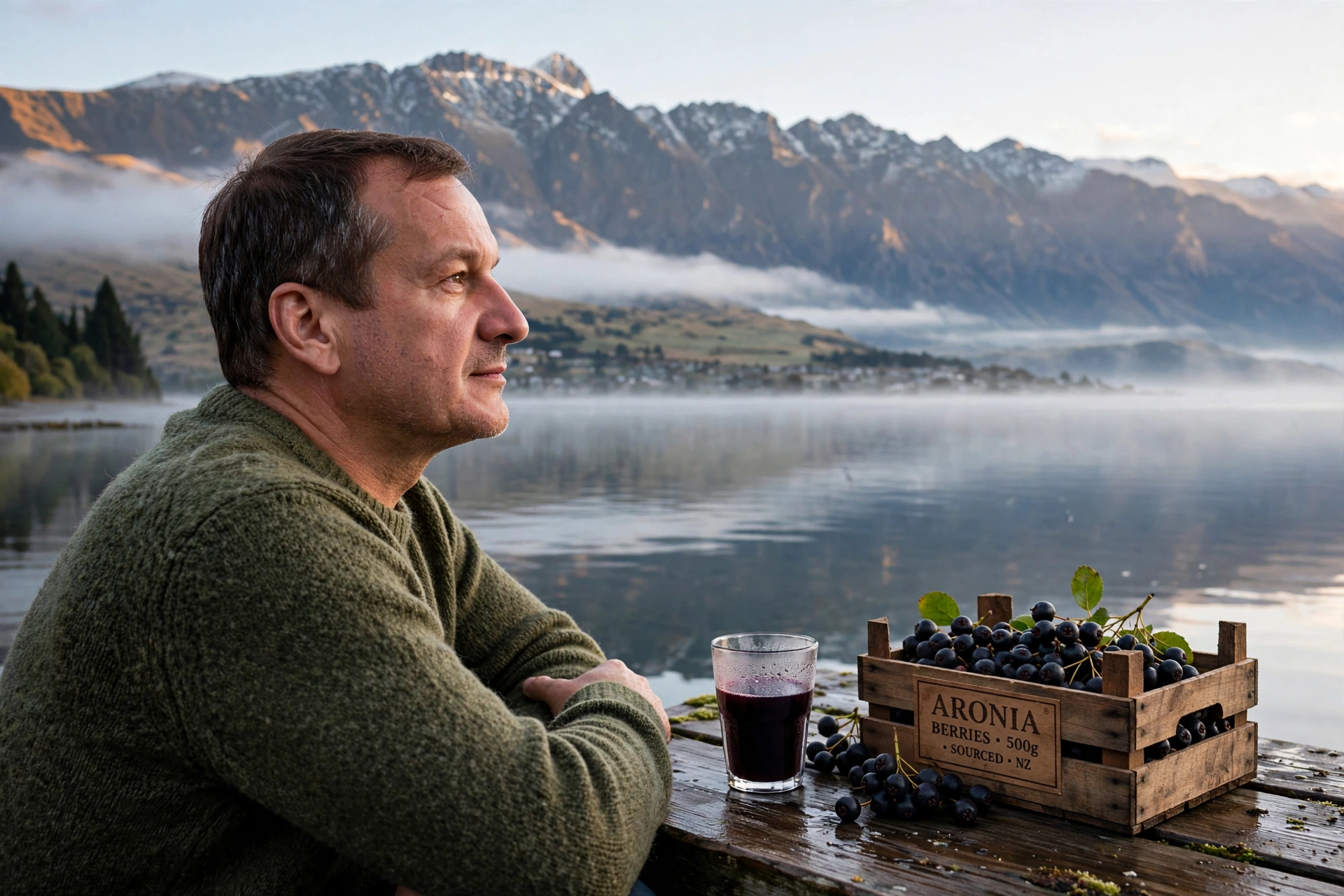 Dragan Petrovic looking out over a calm lake toward the Queenstown mountains at sunrise, with Aronia berries and a glass of juice on the dock