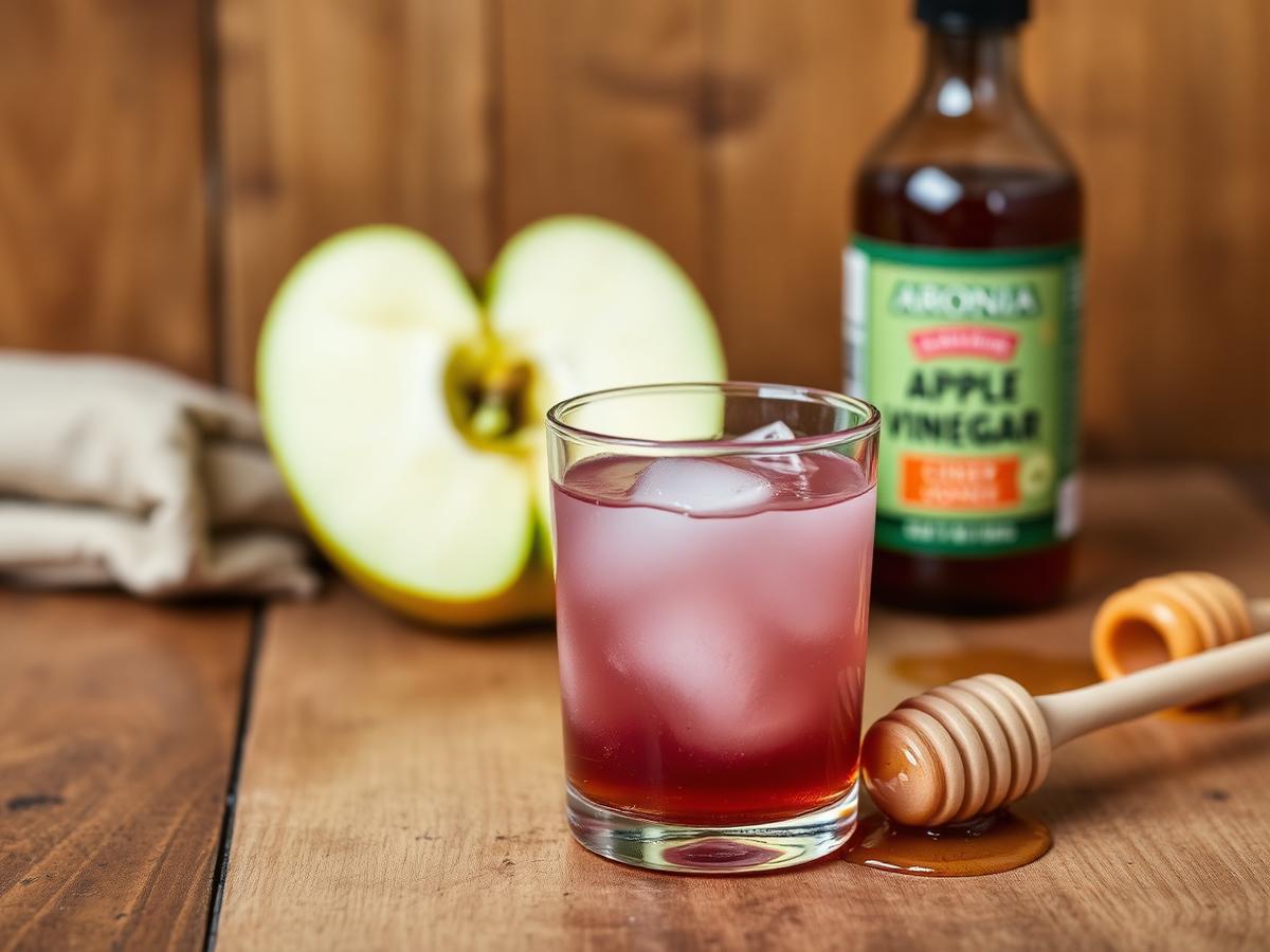 Aronia and apple cider vinegar mixed in a small glass with a green apple and honey