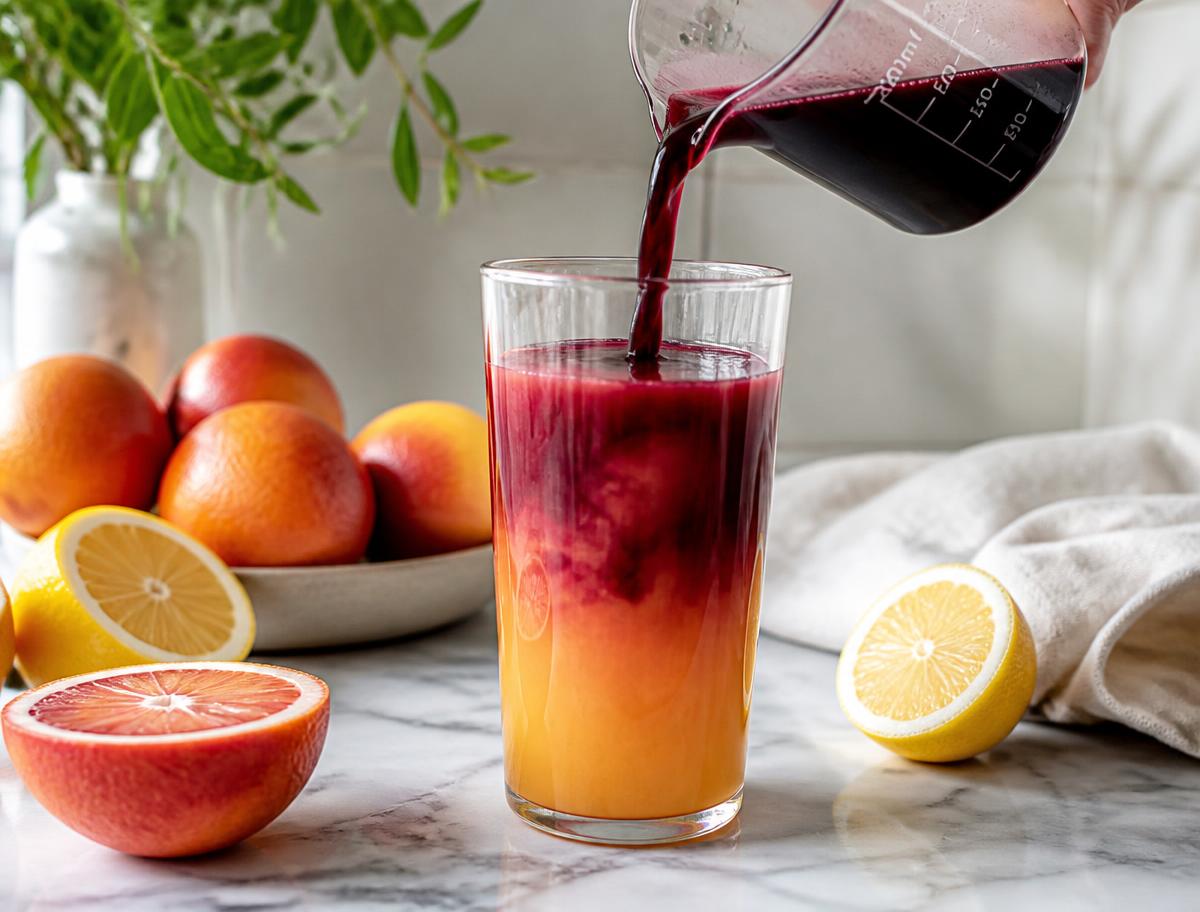 Aronia citrus blend on marble surrounded by blood oranges and lemons