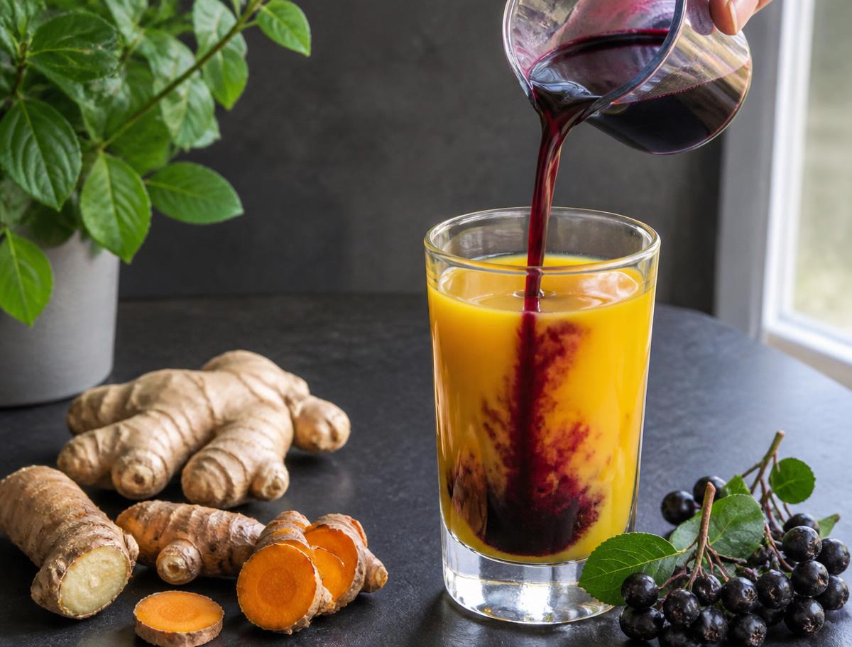 Two small glasses of layered purple and golden Aronia turmeric blend