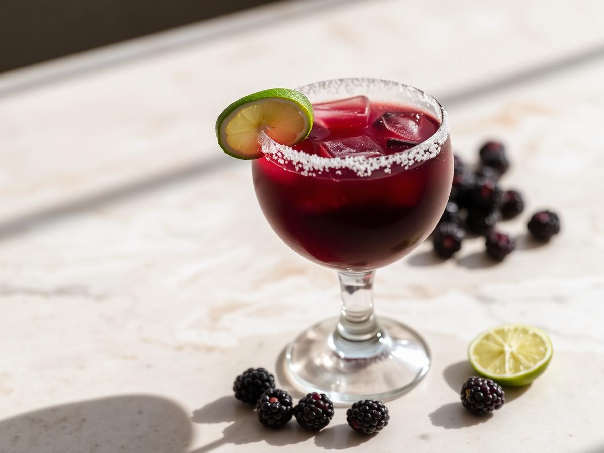 Dark Aronia margarita in a salt-rimmed coupe with a lime wheel