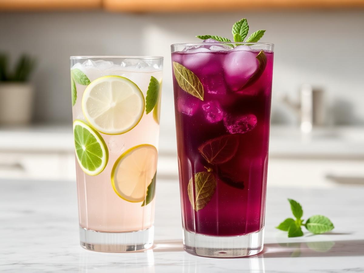 Aronia mint cooler in a tall glass with mint leaves and lime