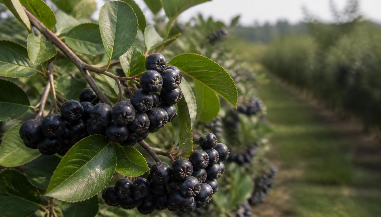 Clusters of ripe Aronia berries hanging on a leafy branch at the edge of an orchard row