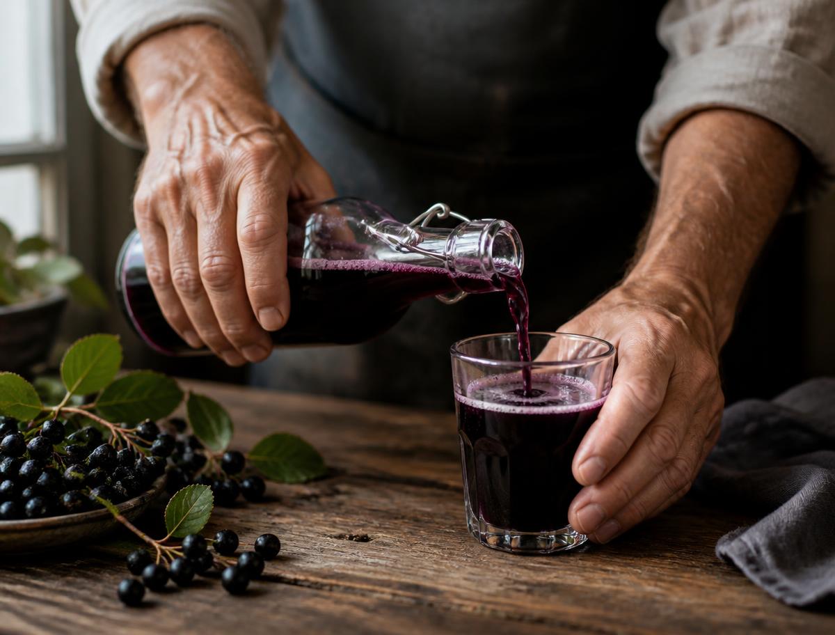 Hands pouring deep purple Aronia juice from a glass bottle into a glass