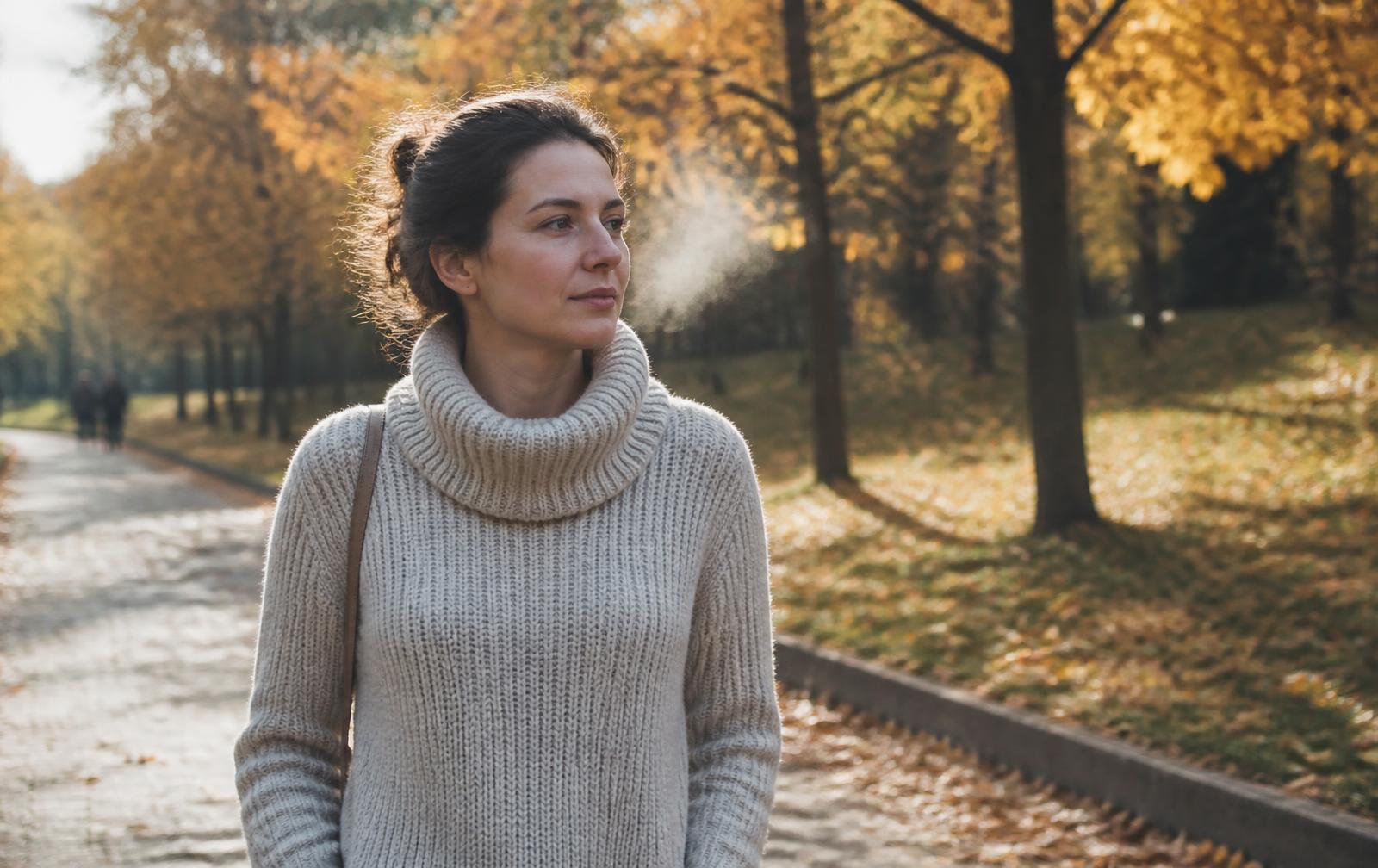 A woman walking through a sunlit autumn park in a warm knit sweater