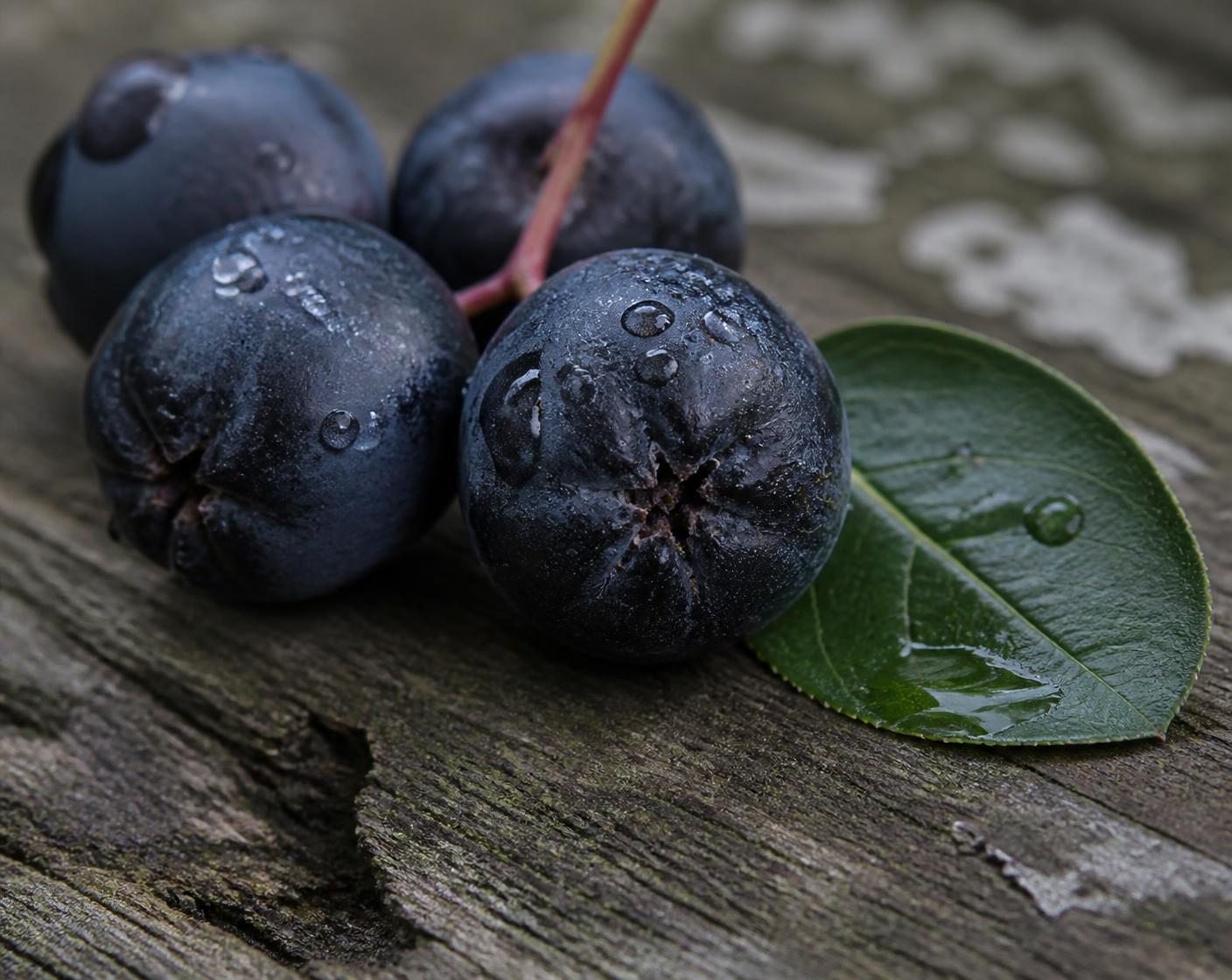 Macro view of four ripe Aronia berries and a wet green leaf resting on weathered wood