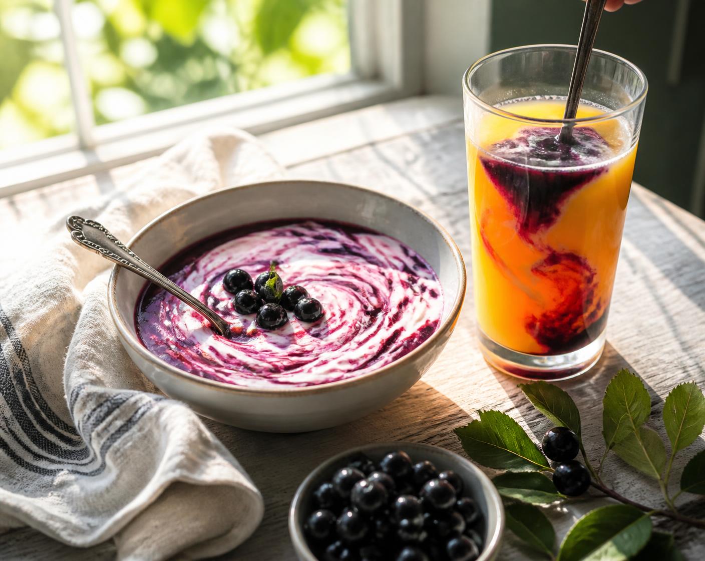 A glass of dark Aronia juice, a carafe and a bowl of berries on a linen table in morning light