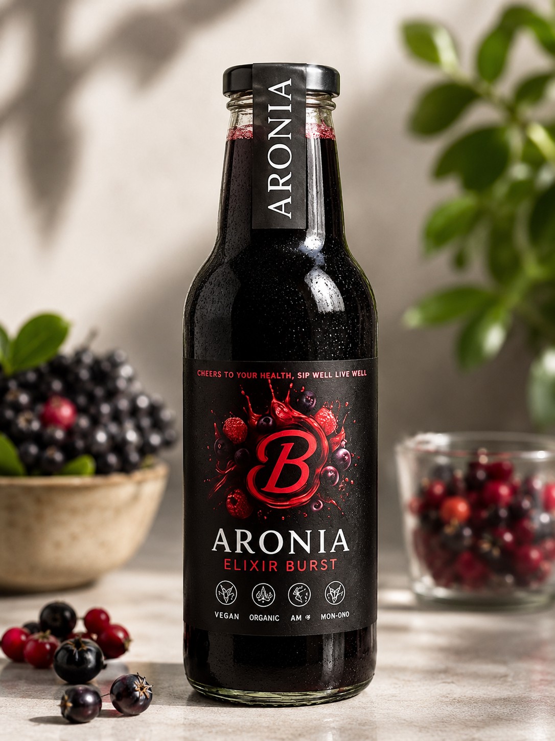 Bottle of ElixirBurst Aronia Booster Aronia berry juice