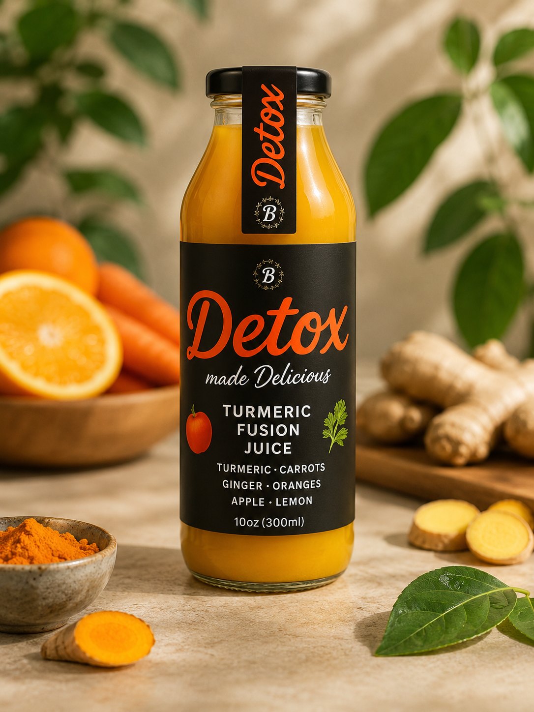 Bottle of ElixirBurst Detox Turmeric Fusion juice