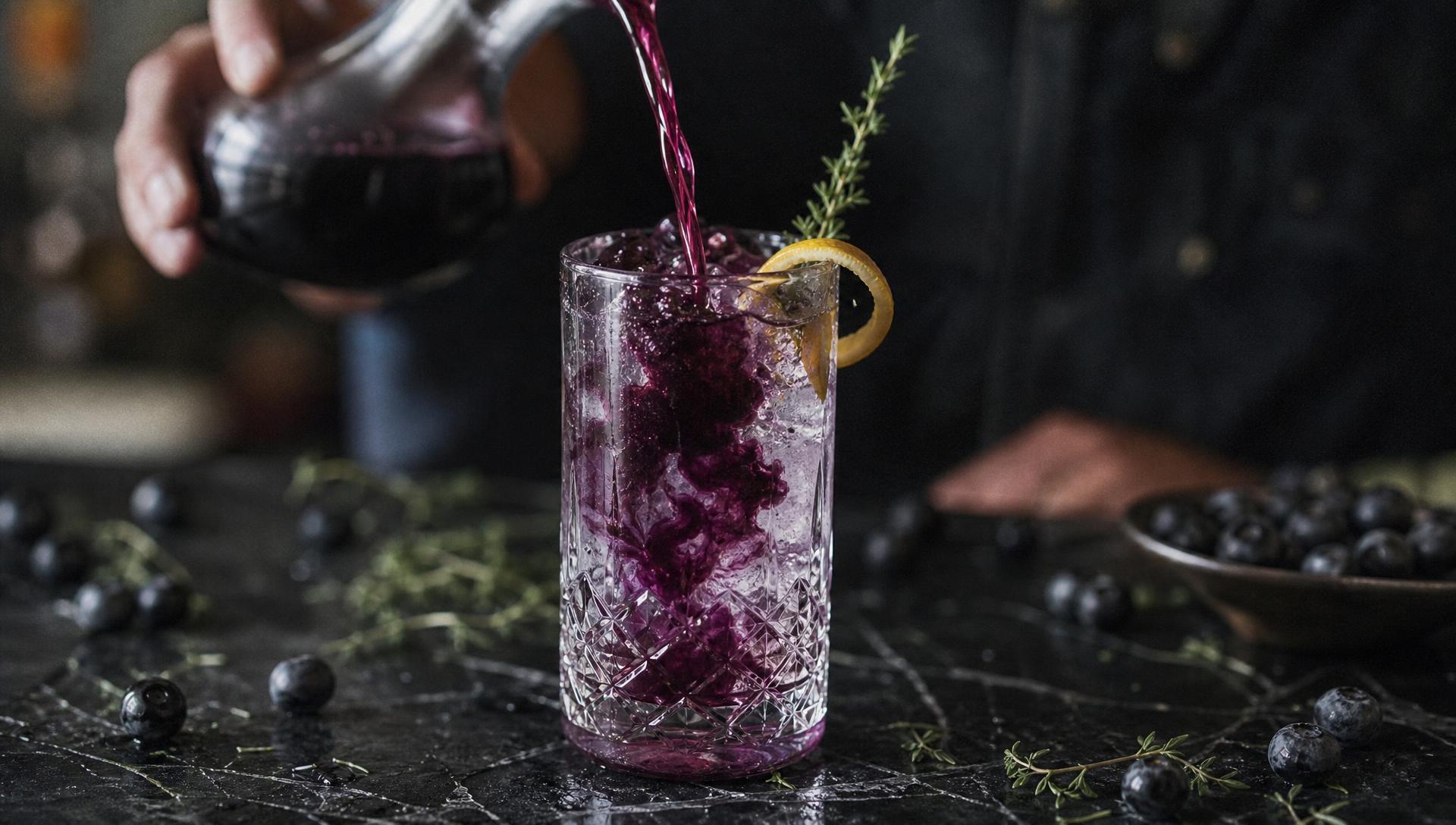 Deep violet Aronia juice being poured from a glass carafe over ice, with fresh Aronia berries, thyme and a curl of lemon peel on a dark marble bar