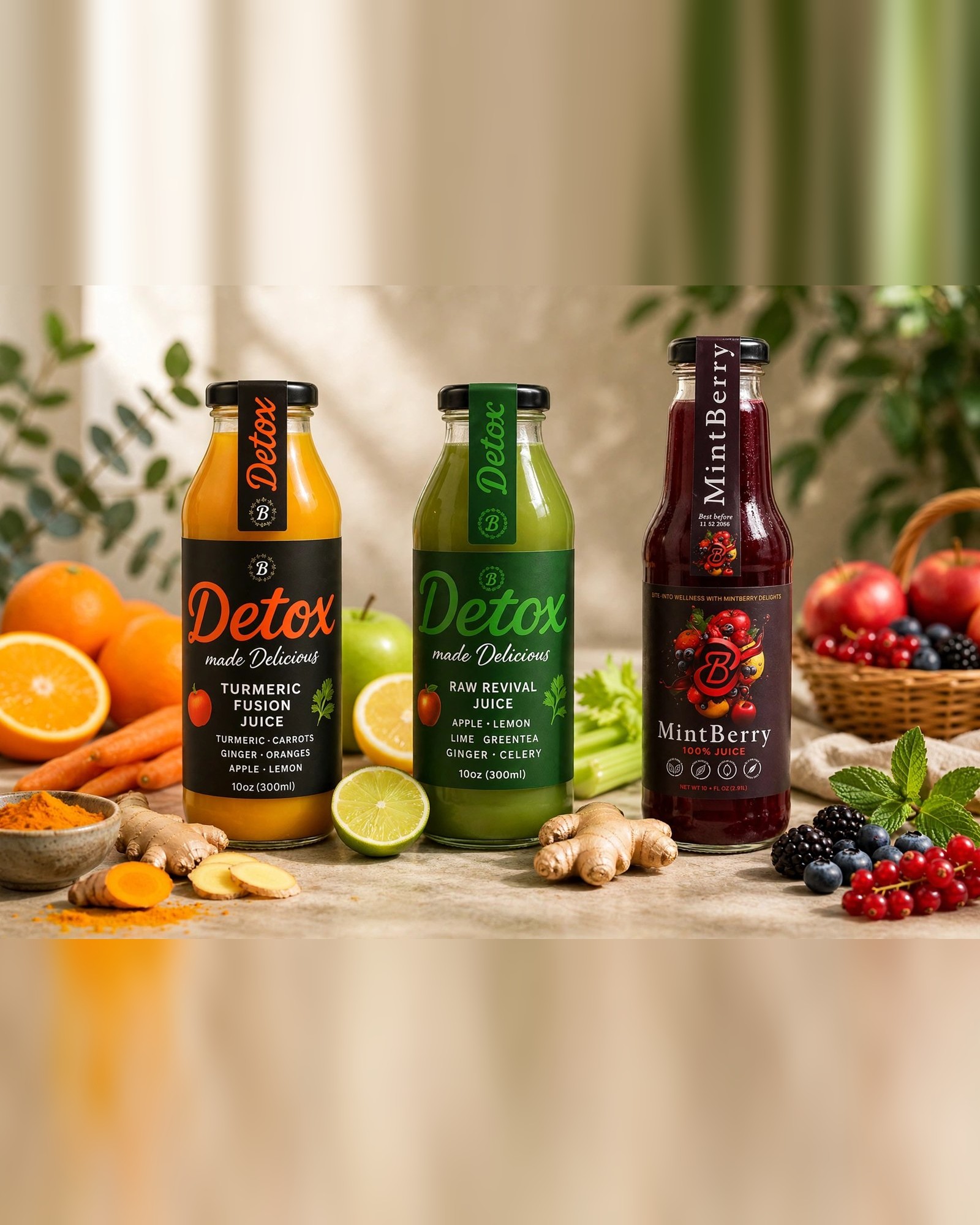 ElixirBurst Sampler Pack with Turmeric Fusion, Raw Revival and Mintberry bottles together