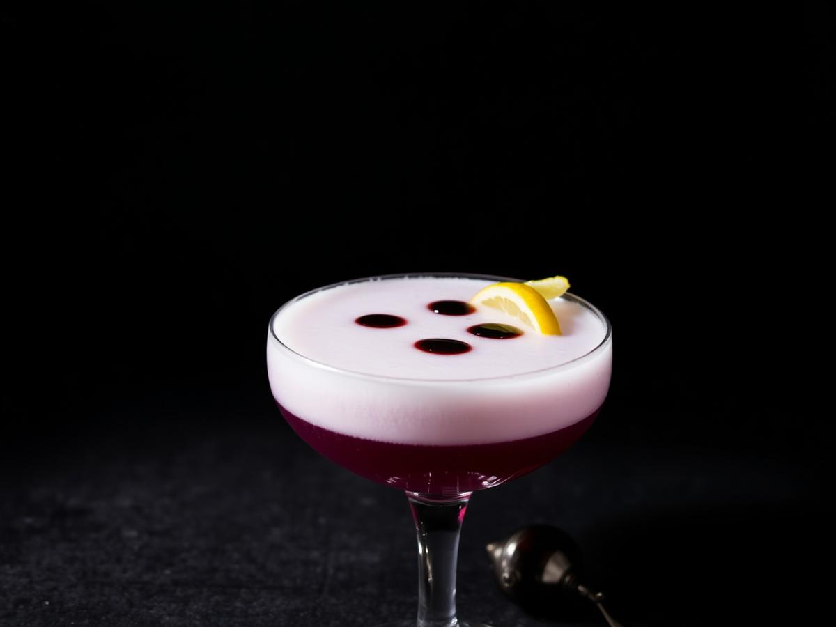 Virgin Aronia sour in a coupe with a thick foam cap and bitters drops